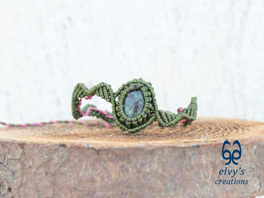Handmade Green Macrame Bracelet Pink Bracelet with Dragon Blood Gemstone