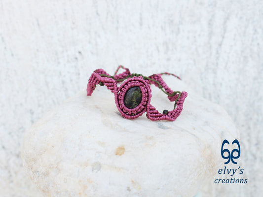 Handmade Green Macrame Bracelet Pink Bracelet with Dragon Blood Gemstone