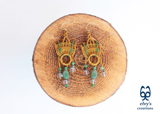 Handmade Gold Macrame Earrings with Green Fluorite Gemstones Dangle