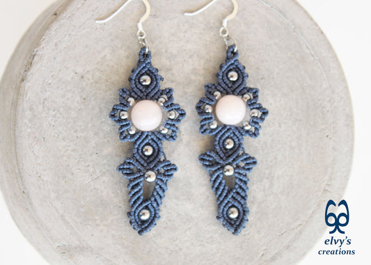Gray Macrame Handmade Earrings with Pink Quartz and Hematite Gemstones