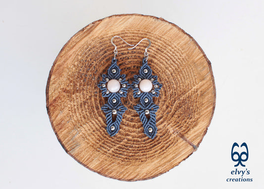 Gray Macrame Handmade Earrings with Pink Quartz and Hematite Gemstones