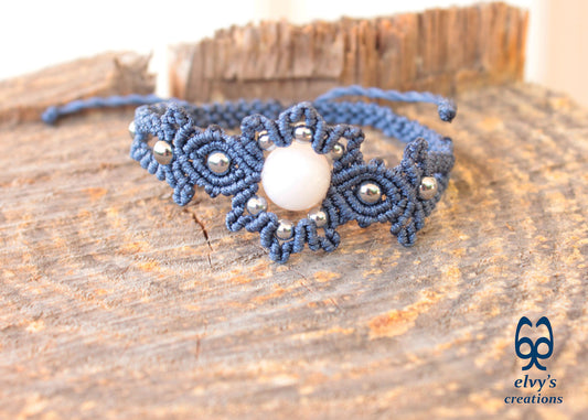 Gray Macrame Bracelet with Pink Quartz Gemstone Adjustable Gemstone