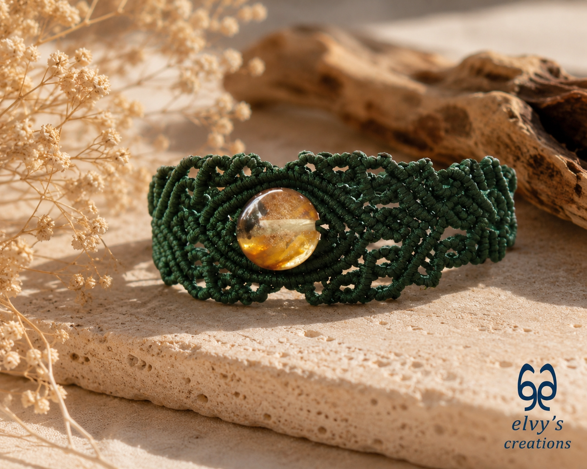 Green Macrame Bracelet with Crystal Quartz Gemstone, Handmade Unique Birthday Gift for Women