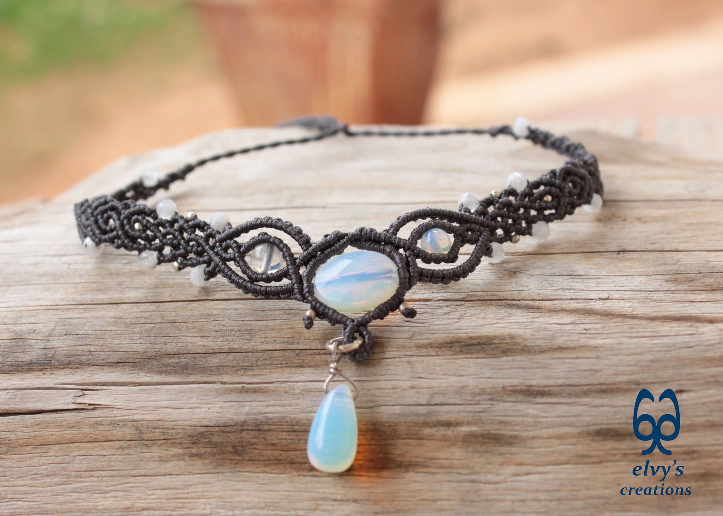 Handmade Grey Macrame Necklace with Moonstones, Adjustable Choker