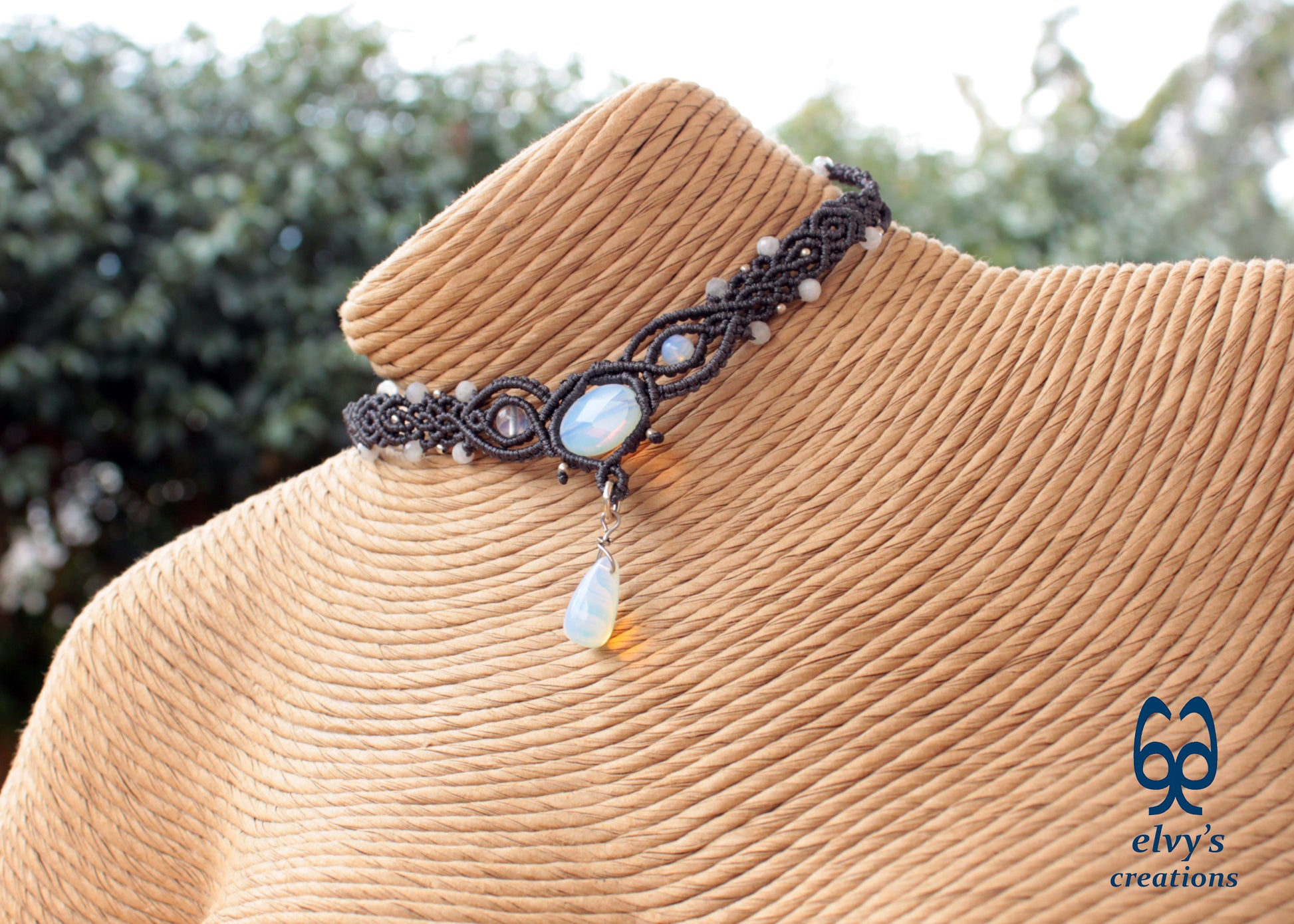 Handmade Grey Macrame Necklace with Moonstones, Adjustable Choker 