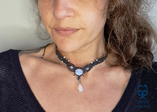 Handmade Grey Macrame Necklace with Moonstones, Adjustable Choker