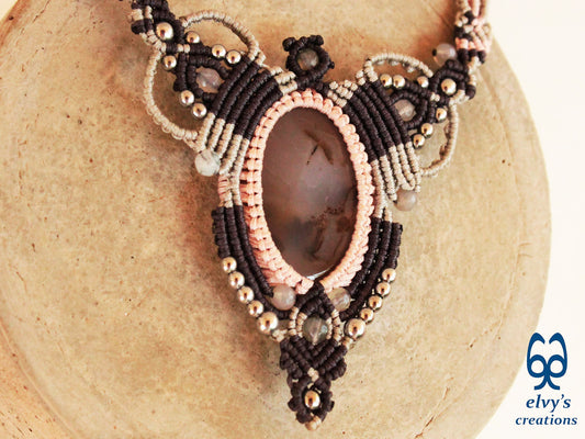 Handmade Grey Macrame Choker Necklace with Agate Gemstones Adjustable Lace Boho Necklace