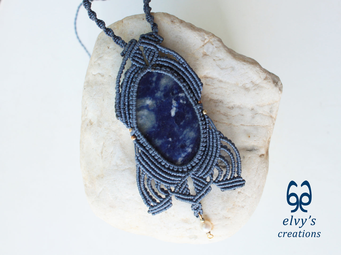Handmade Jeans Blue Macrame Necklace with Sodalite and Pearl Gemstones