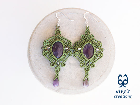 Handmade Green Macrame Earrings with Purple Amethyst Gemstones Dangle