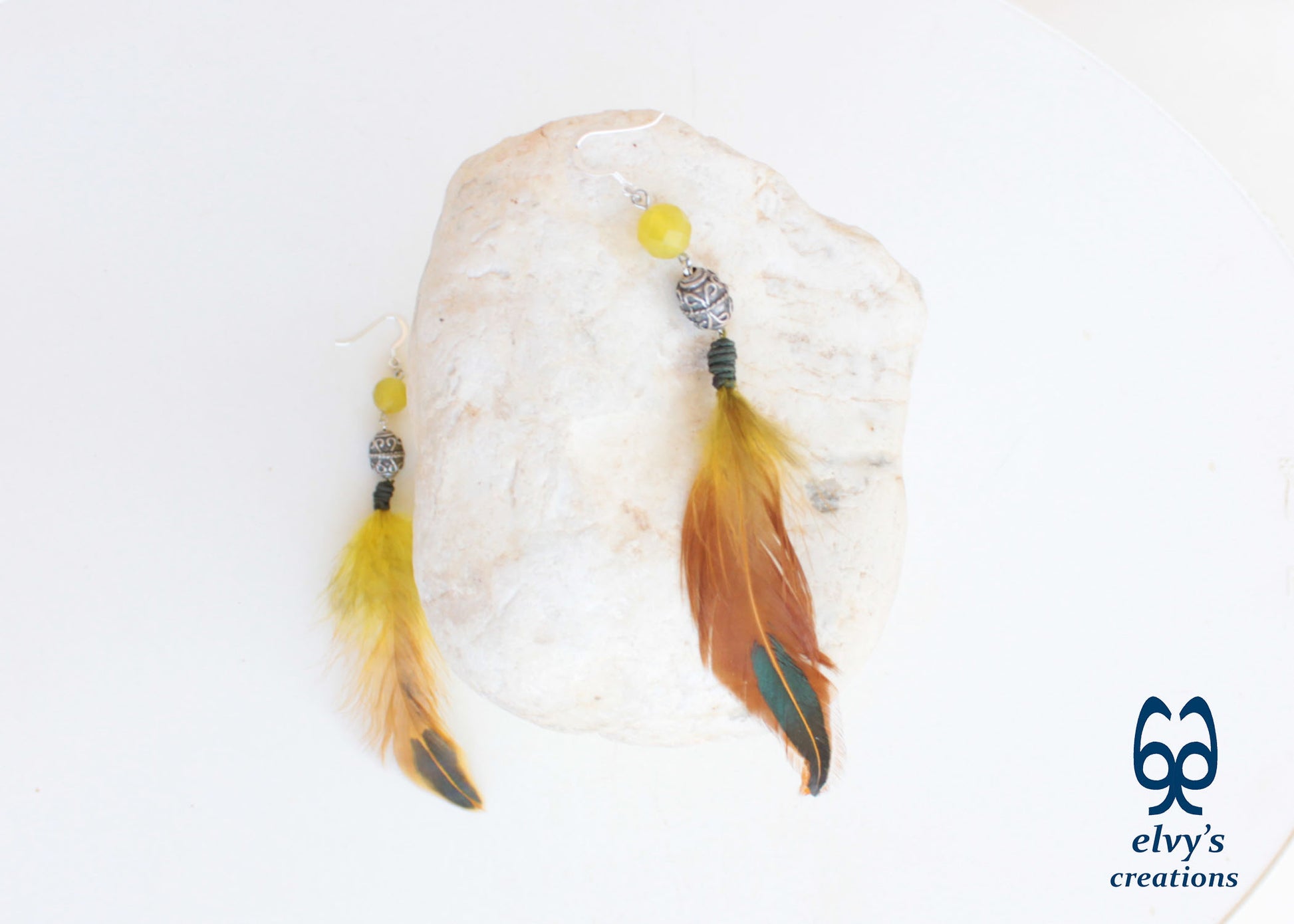 Handmade Silver Earrings with Lime Green Jade Gemstones and Feathers