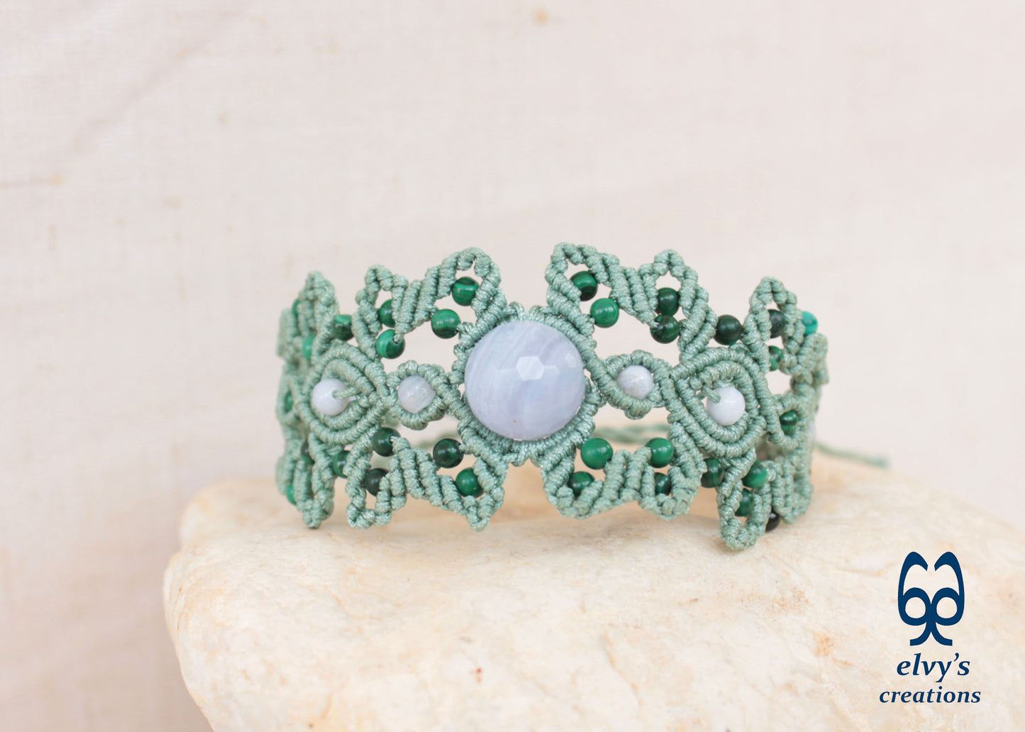 Minty Green Macrame Bracelet Adjustable Cuff Bracelet with Chalcedony and Malachite