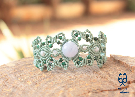 Minty Green Macrame Bracelet Adjustable Cuff Bracelet with Chalcedony and Malachite