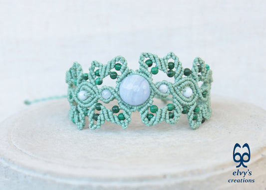 Minty Green Macrame Bracelet Adjustable Cuff Bracelet with Chalcedony and Malachite
