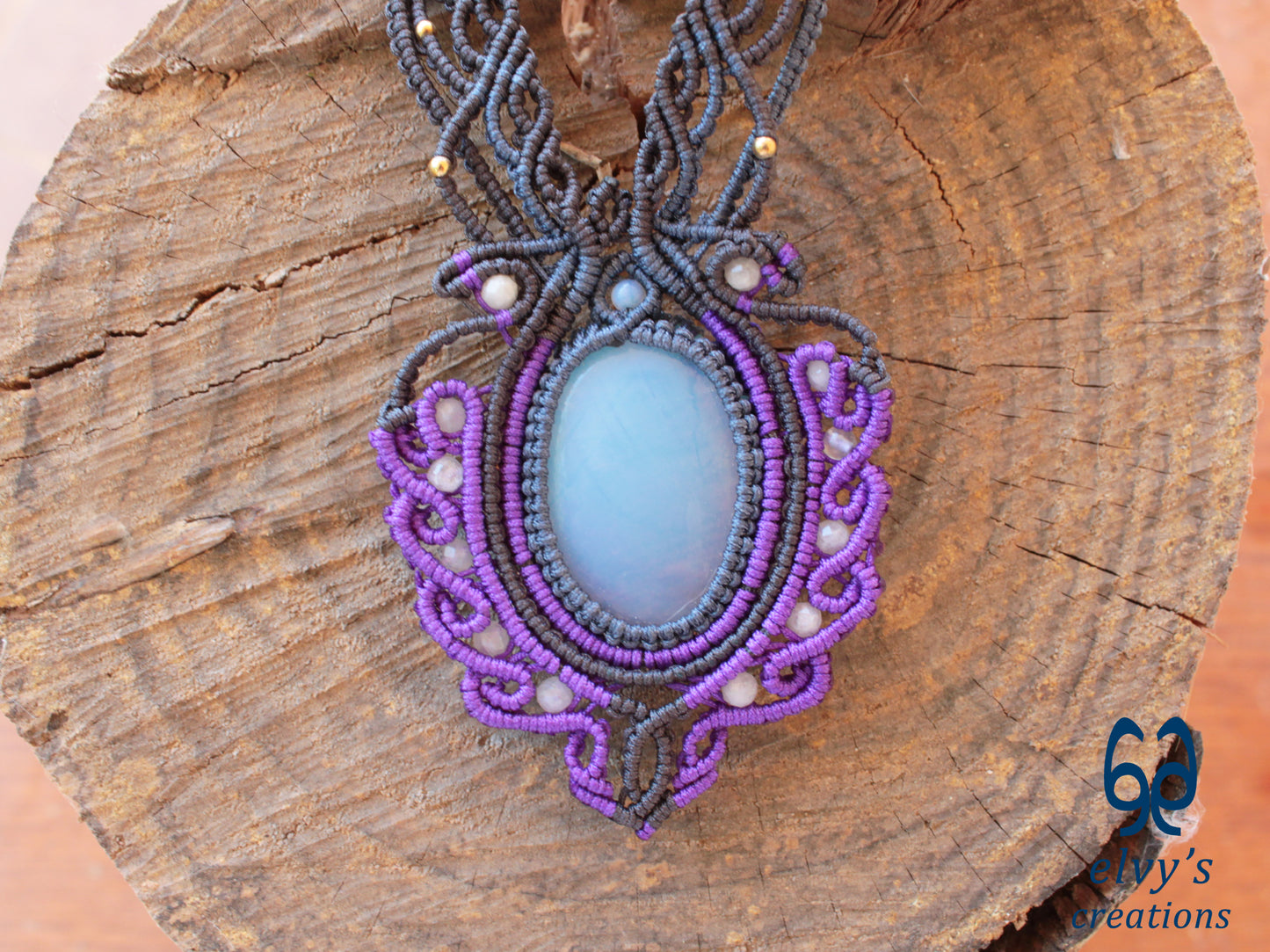 Purple and Grey Handmade Macrame Necklace with Moonstone Gemstones, Boho Purple Necklace