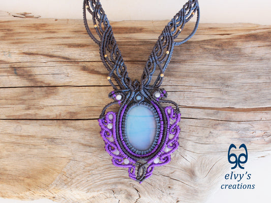 Purple and Grey Handmade Macrame Necklace with Moonstone Gemstones, Boho Purple Necklace
