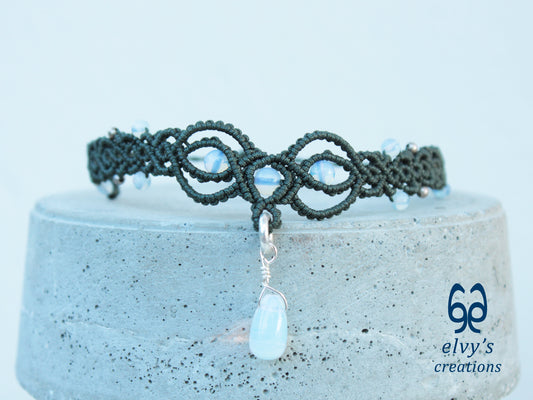 Handmade Khaki Green Macrame Necklace with Moonstone Gemstones Adjustable