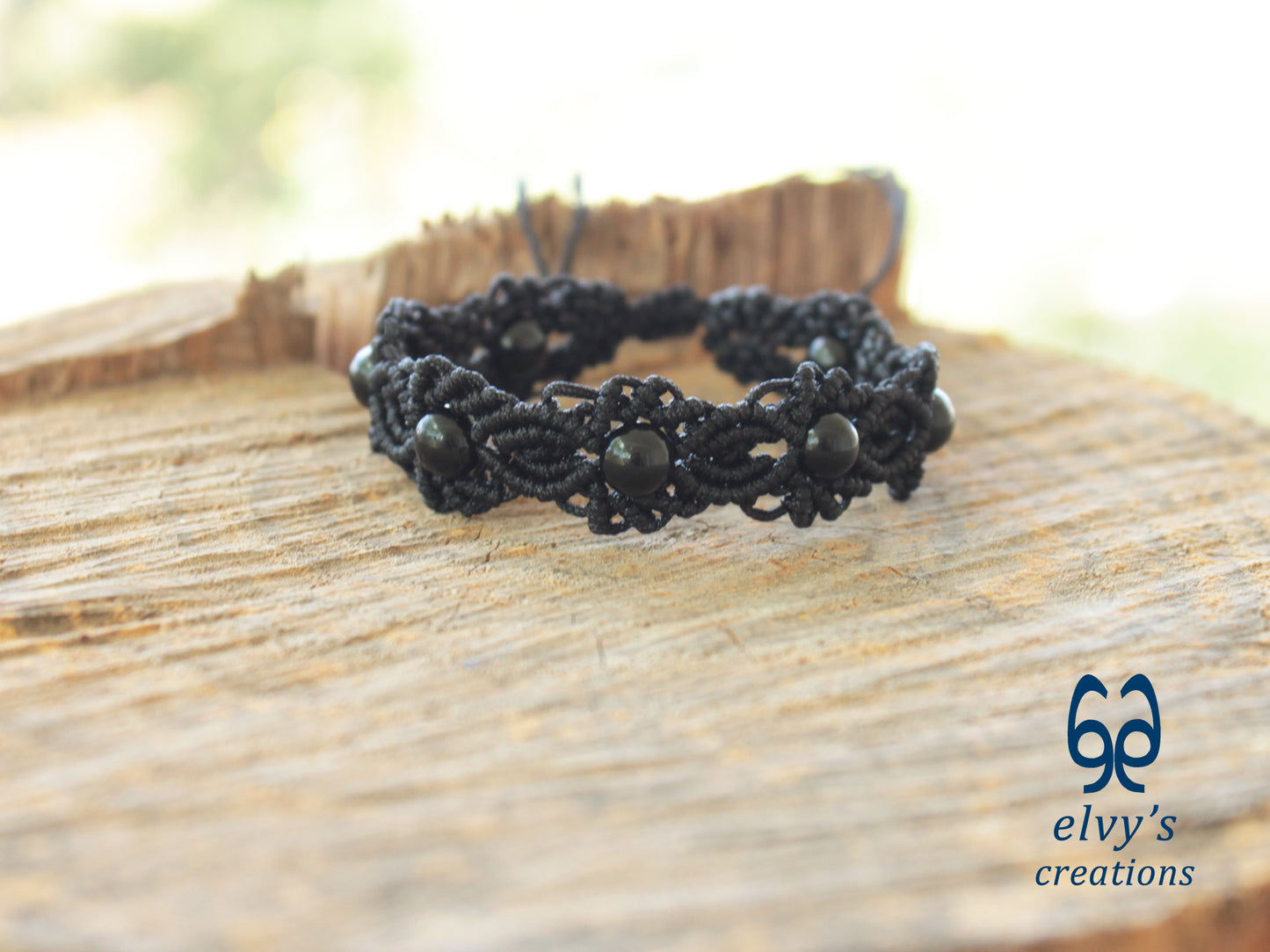 Handmade Macrame Bracelet, Black Onyx Gemstone Beaded Cuff, Unique Birthday Gift for Women or Men