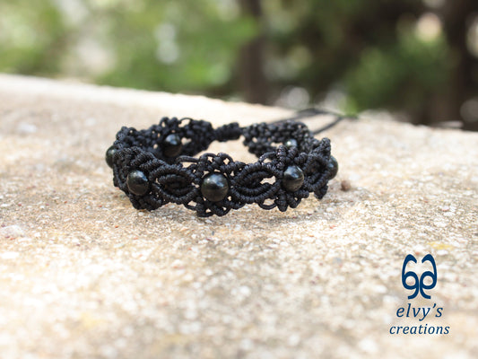 Handmade Macrame Bracelet, Black Onyx Gemstone Beaded Cuff, Unique Birthday Gift for Women or Men