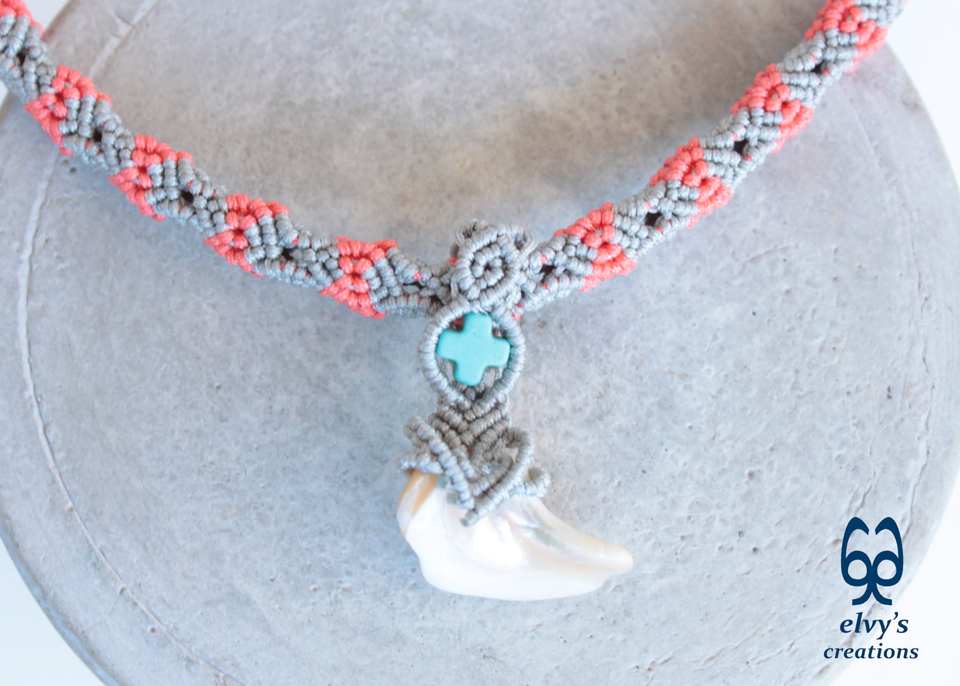 Orange Handmade Silver Macrame Necklace with Hematite and Pearl Shell