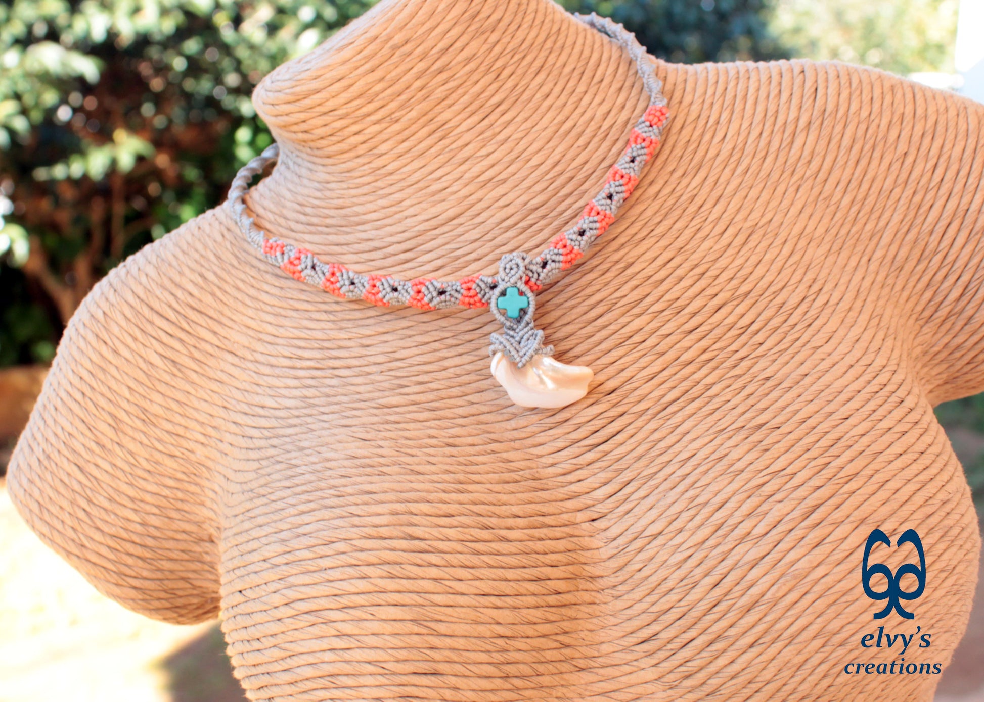 Orange Handmade Silver Macrame Necklace with Hematite and Pearl Shell