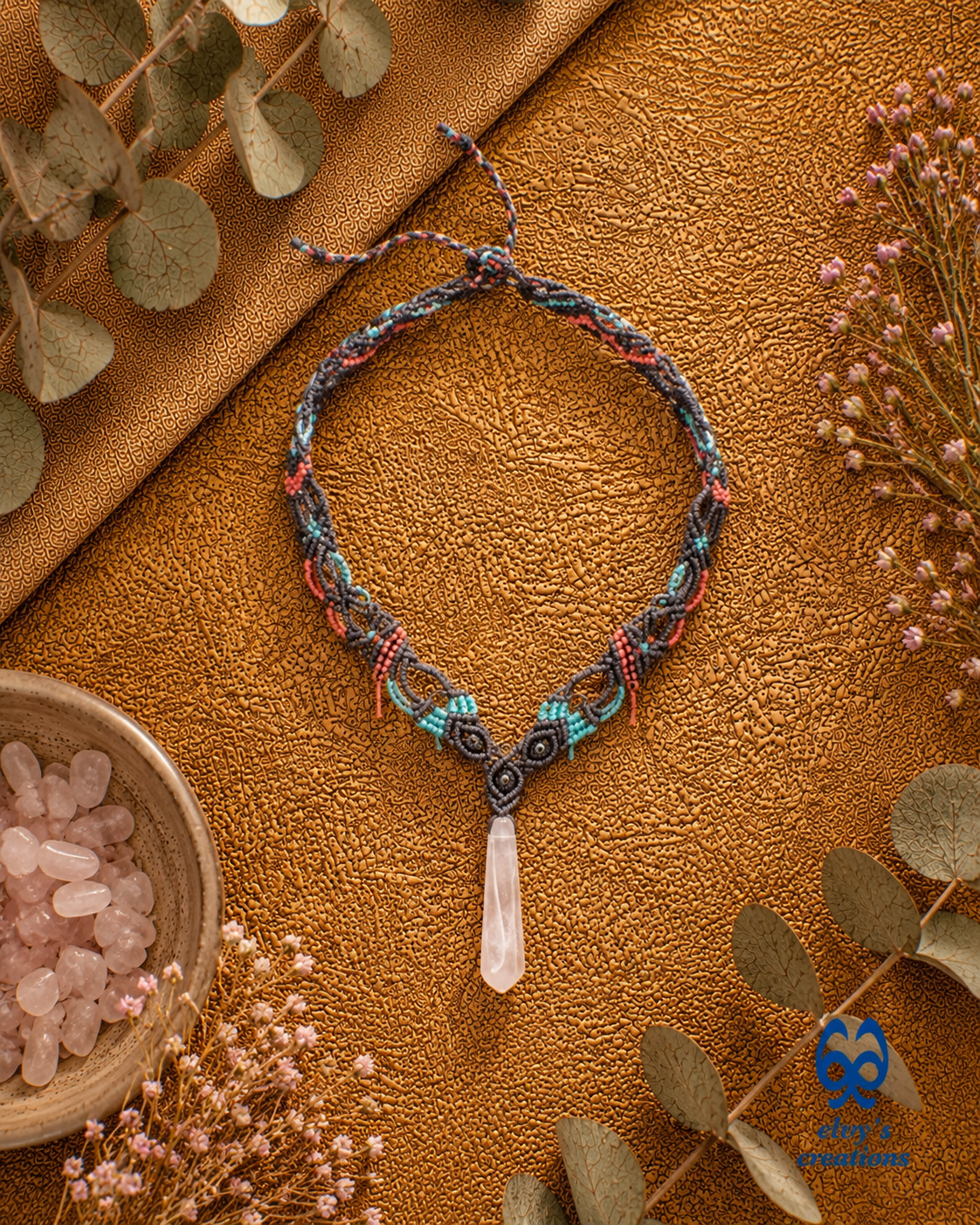 Handmade Macrame Necklace with Crystal Quartz Gemstones Crystal Choker Necklace