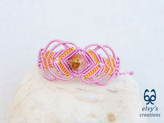 Handmade Pink Macrame Bracelet with Crystal Quartz Adjustable Macrame Bracelet