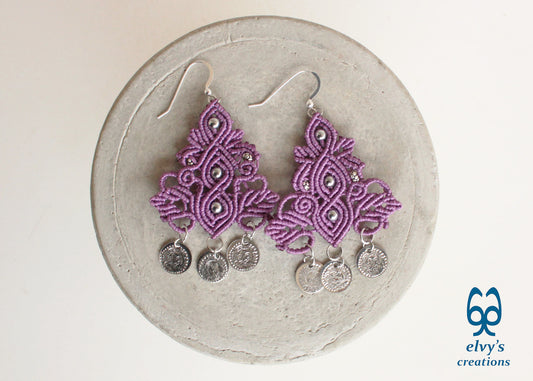Purple Handmade Macrame Silver Earrings Dangle with Hematite Gemstones Silver Coins