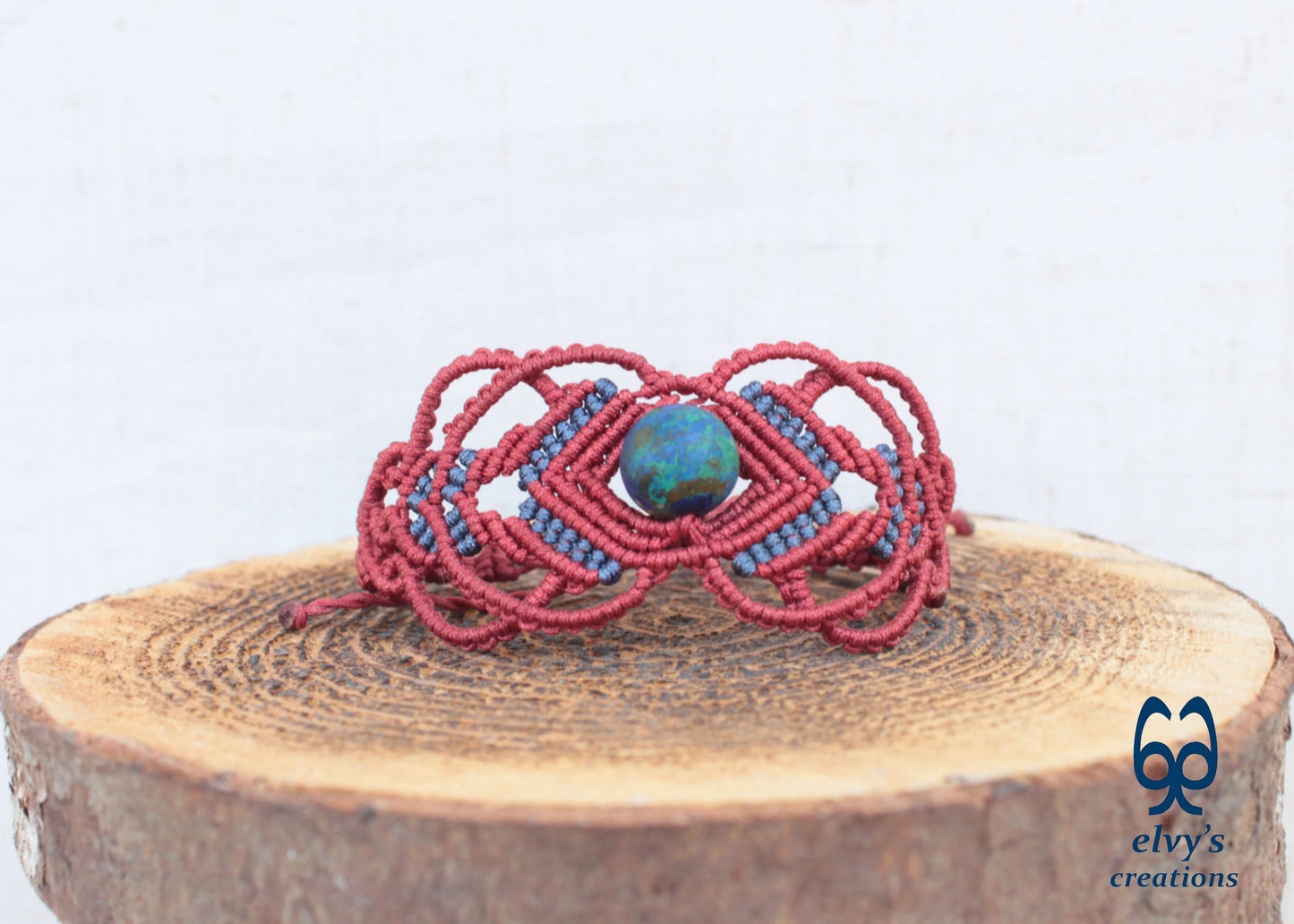 Red Macrame Bracelet with Blue Azurite Gemstone Boho Macrame Adjustable Bracelet