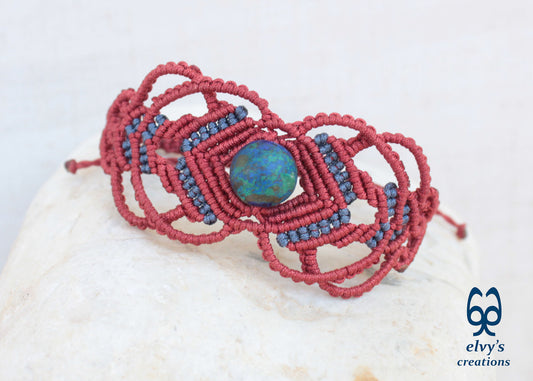 Red Macrame Bracelet with Blue Azurite Gemstone Boho Macrame Adjustable Bracelet