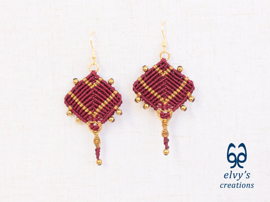 Red Macrame Earrings with Gold Hematite