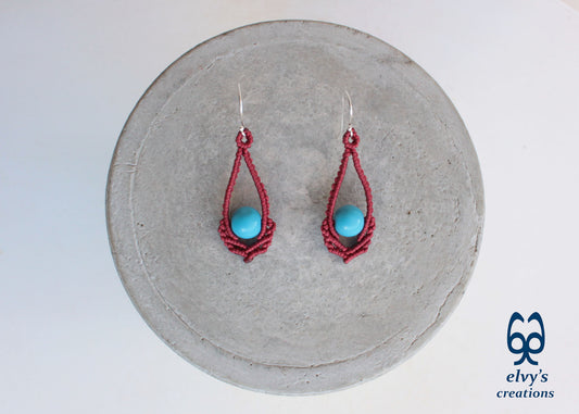 Red Macrame Earrings Handmade Silver Earrings with Turquoise Gemstones
