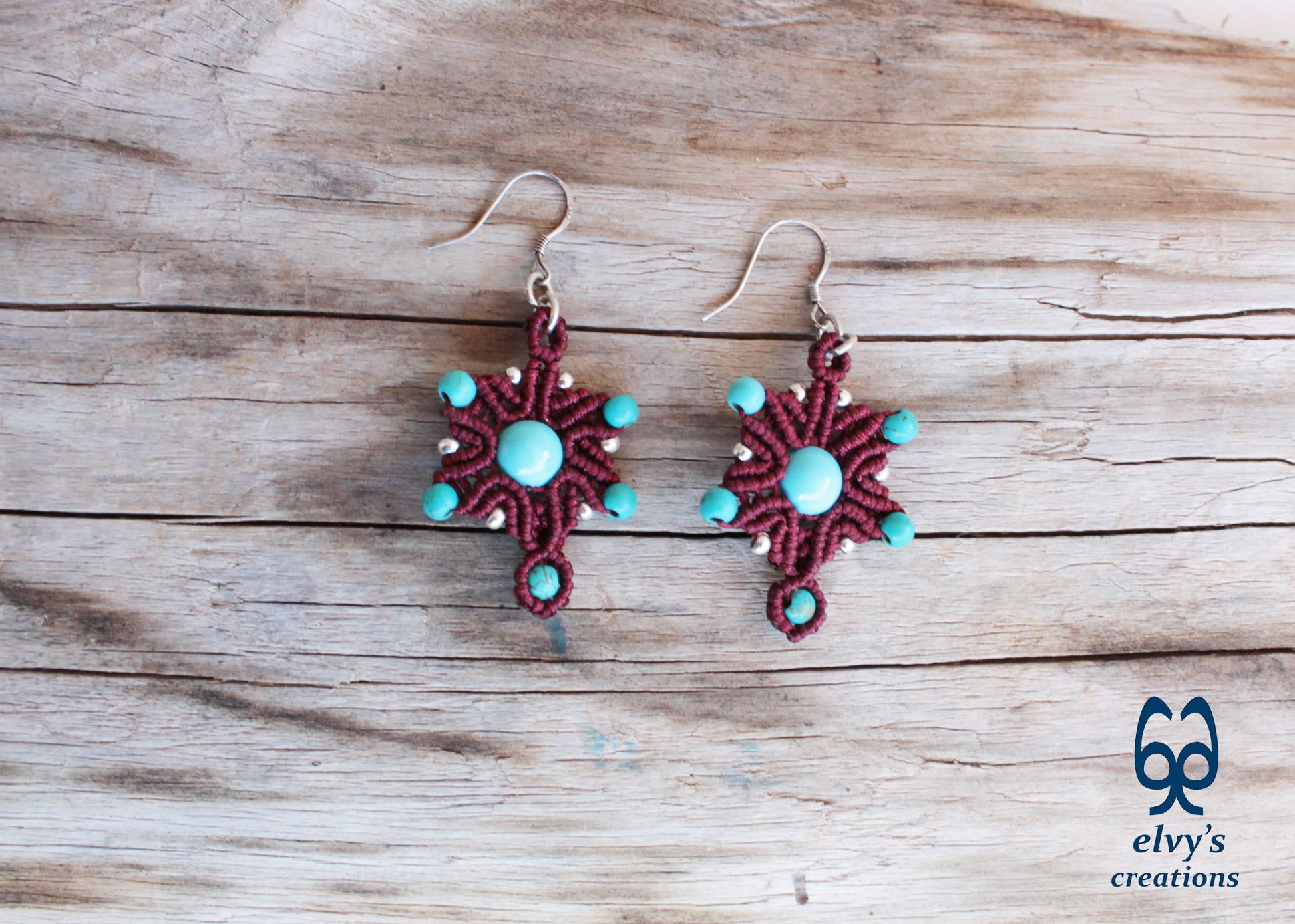 Handmade Red Macrame Earrings Silver Dangle with Turquoise Gemstones