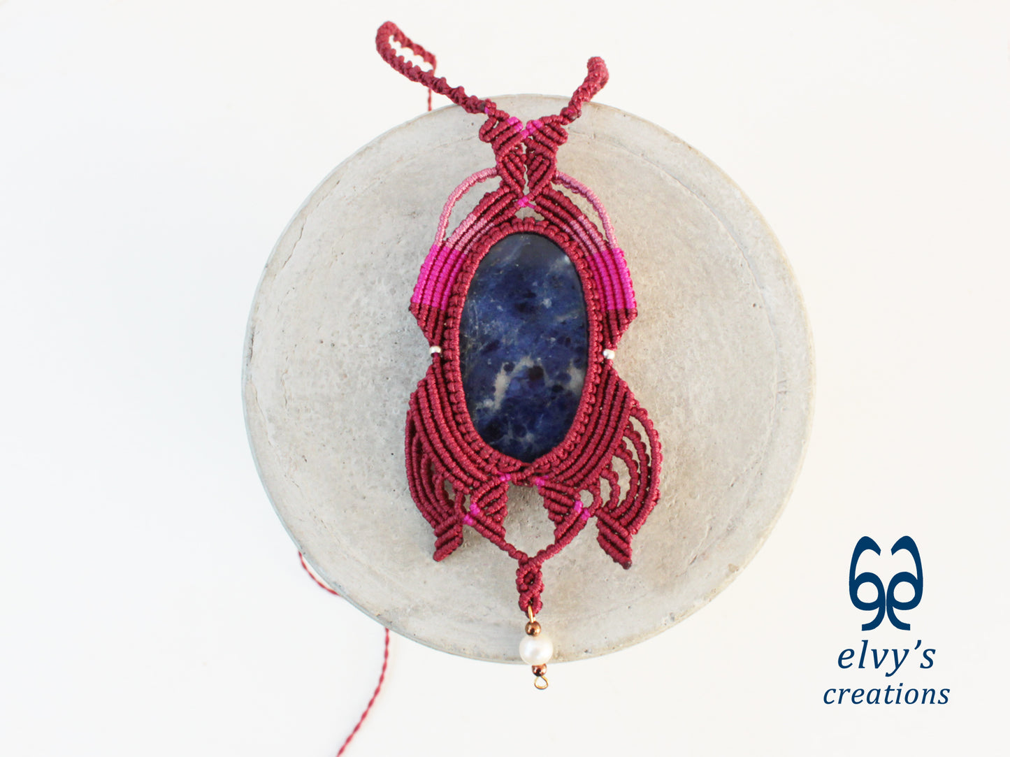 Handmade Pink Macrame Pendant with Sodalite and Pearl Gemstones Necklace