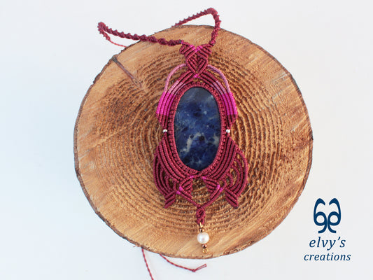 Handmade Pink Macrame Pendant with Sodalite and Pearl Gemstones Necklace