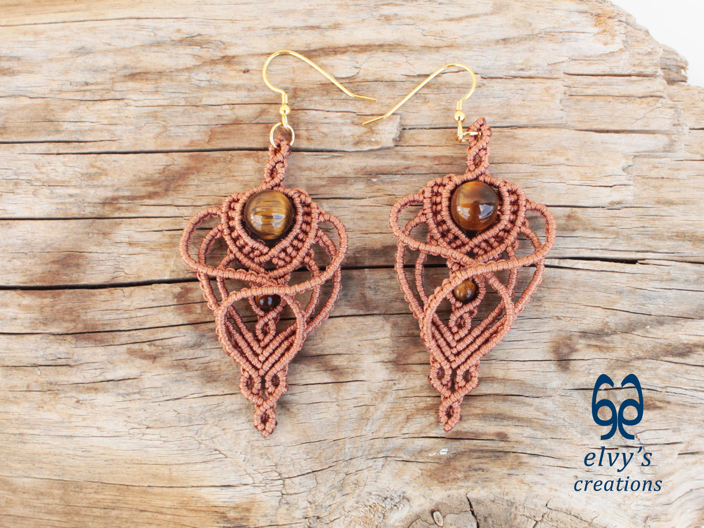 Handmade Macramé Light Brown Earrings with Tiger Eye Gemstones