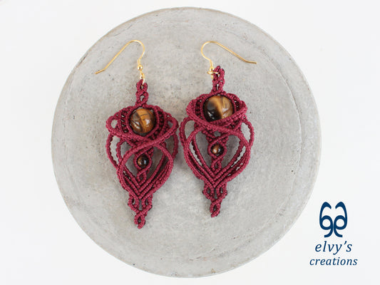 Handmade Macramé Red Earrings with Tiger Eye Gemstones Dangle Earrings