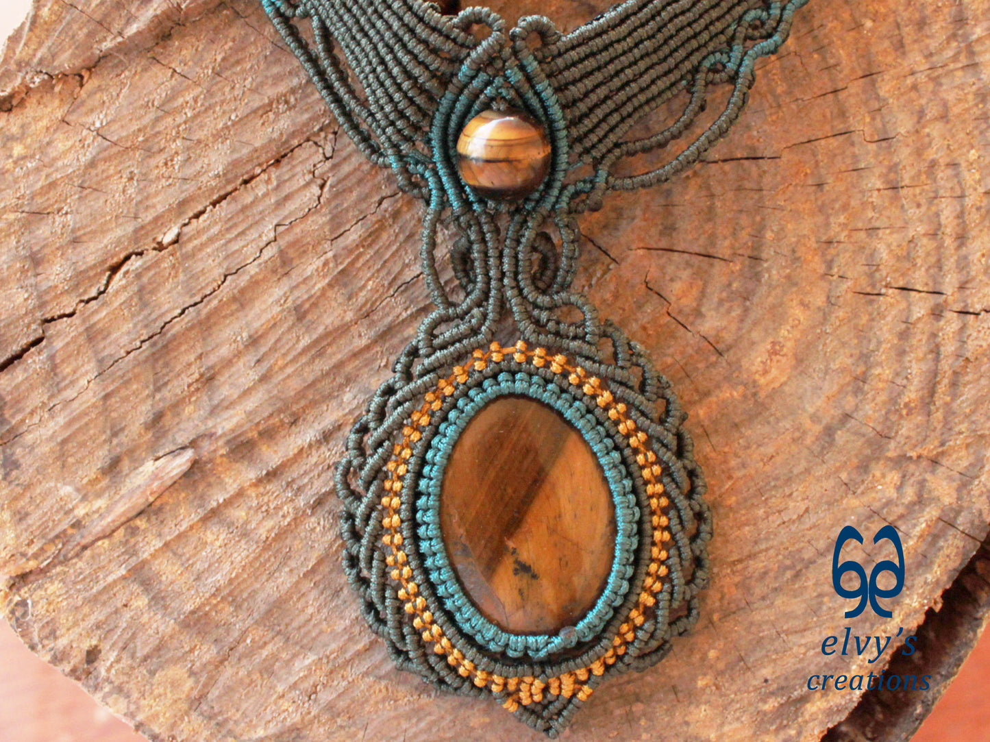 Handmade Green Macrame Necklace with Gold Tiger Eye Gemstones