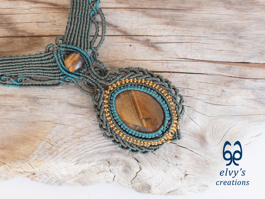 Handmade Green Macrame Necklace with Gold Tiger Eye Gemstones