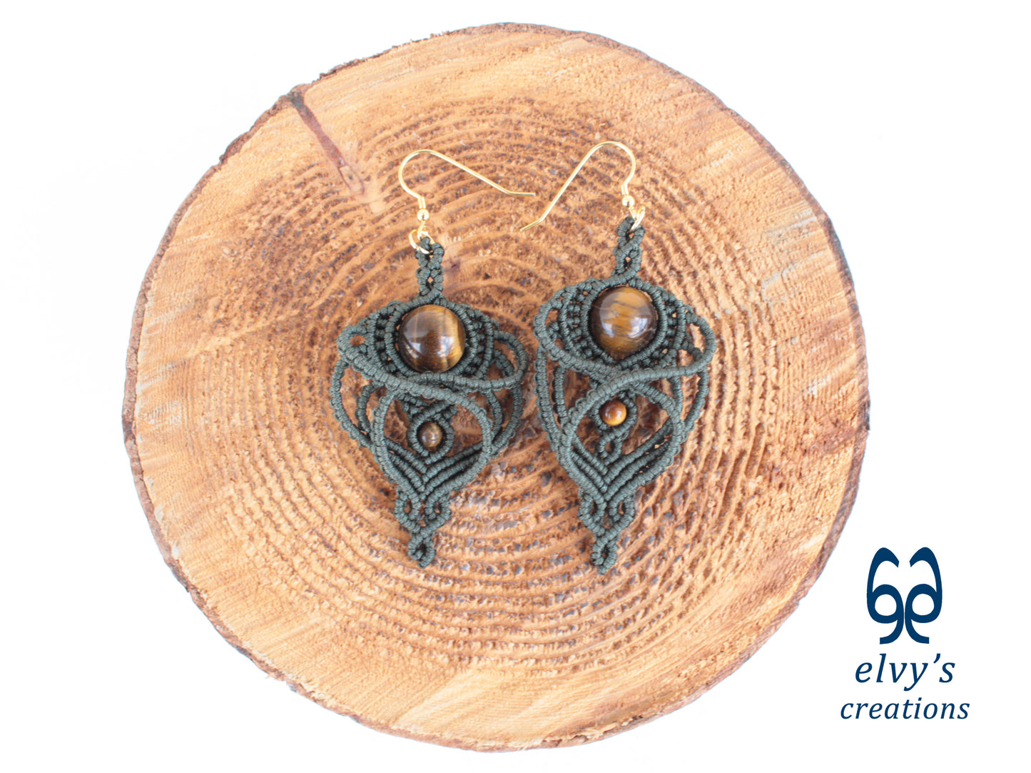 Handmade Macramé Green Earrings with Tiger Eye Gemstones Dangle Earrings