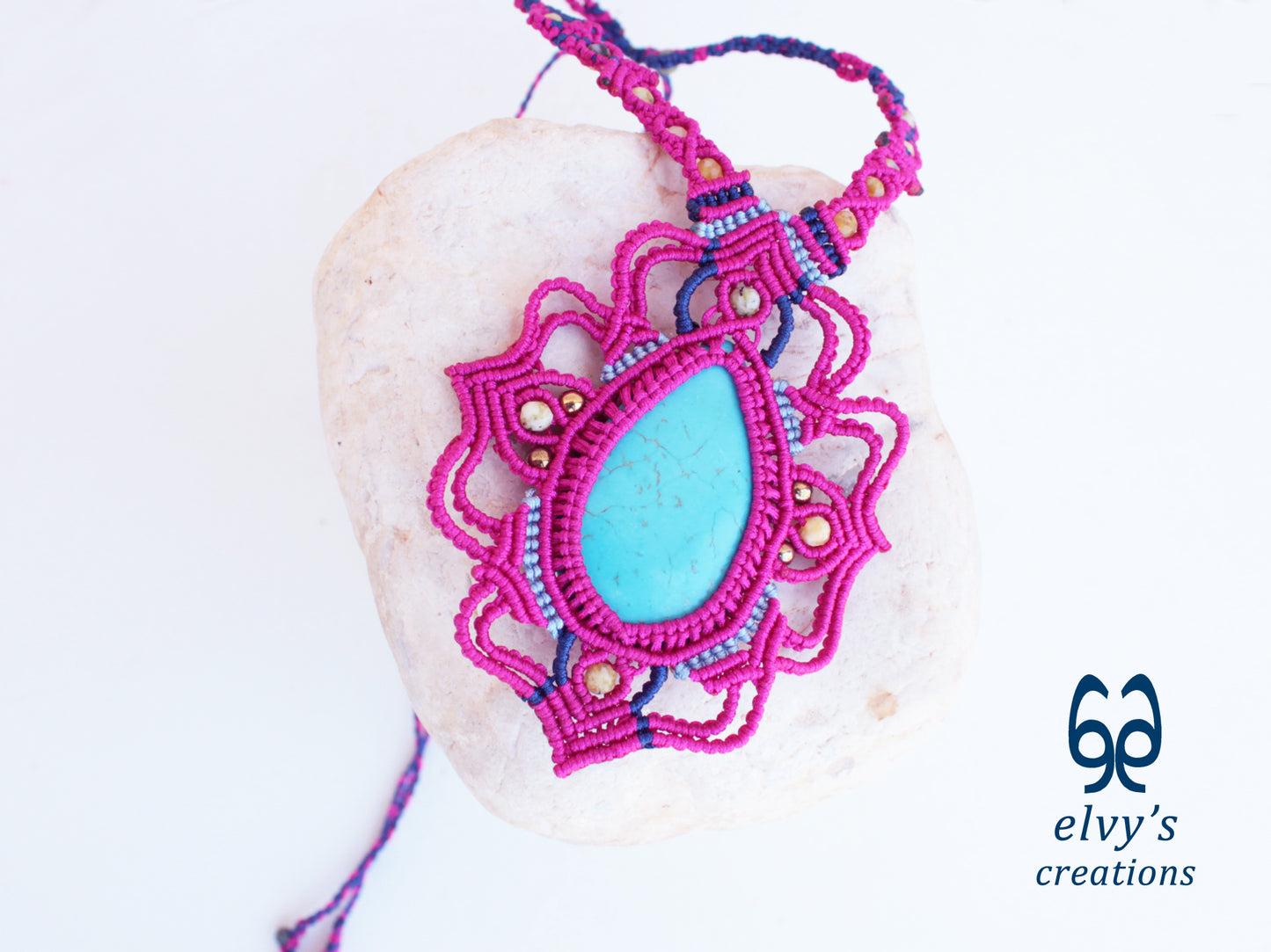 Handmade Pink Macrame Necklace with Turquoise and Agate Gemstones