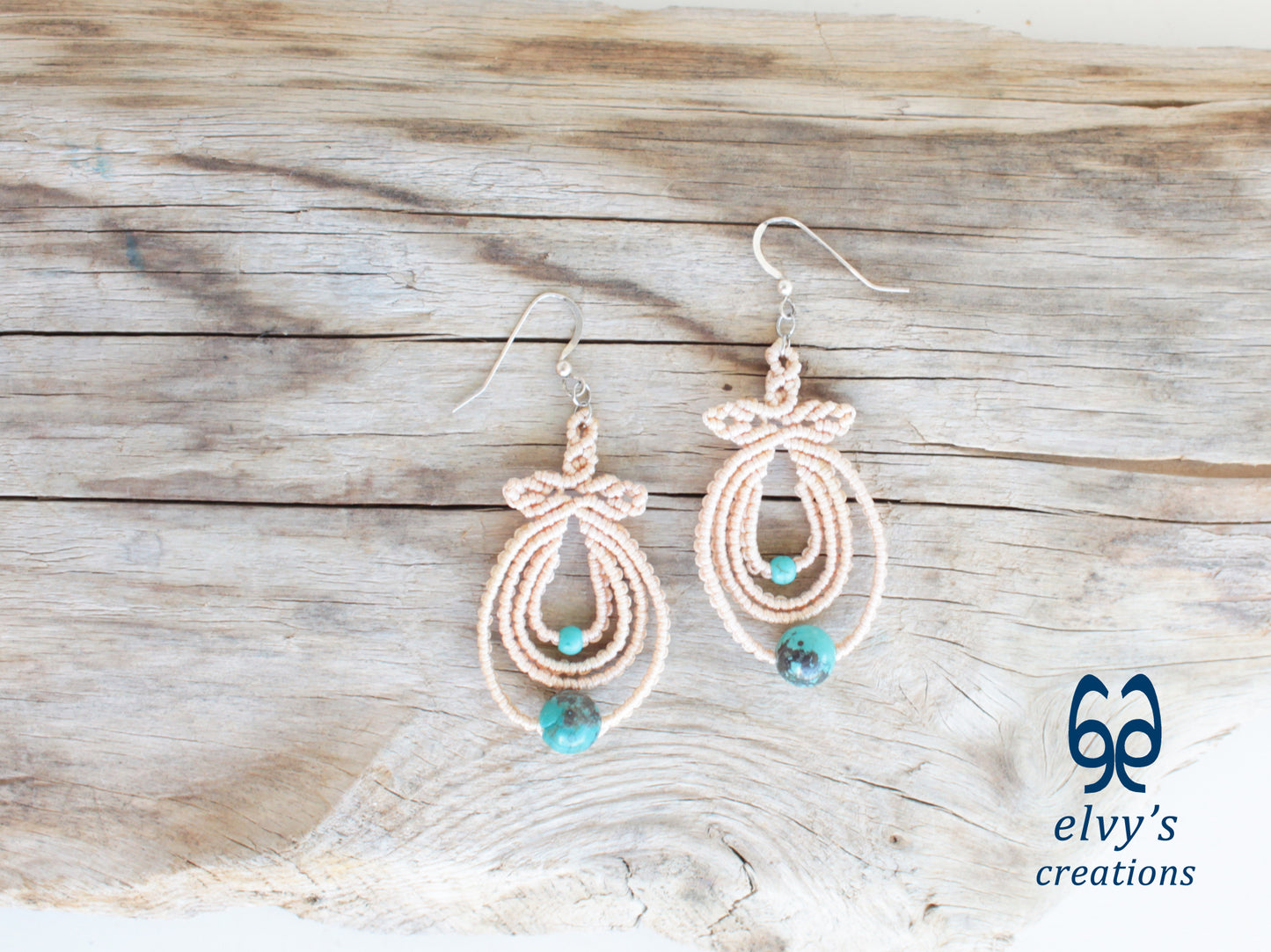 Handmade Beige Boho Macrame Earrings Silver Dangle with Turquoise Gemstones