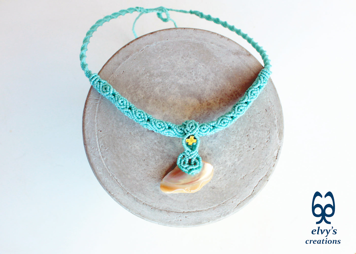 Handmade Turquoise Macrame Necklace Adjustable Chocker with Hematite and Pearl Shell