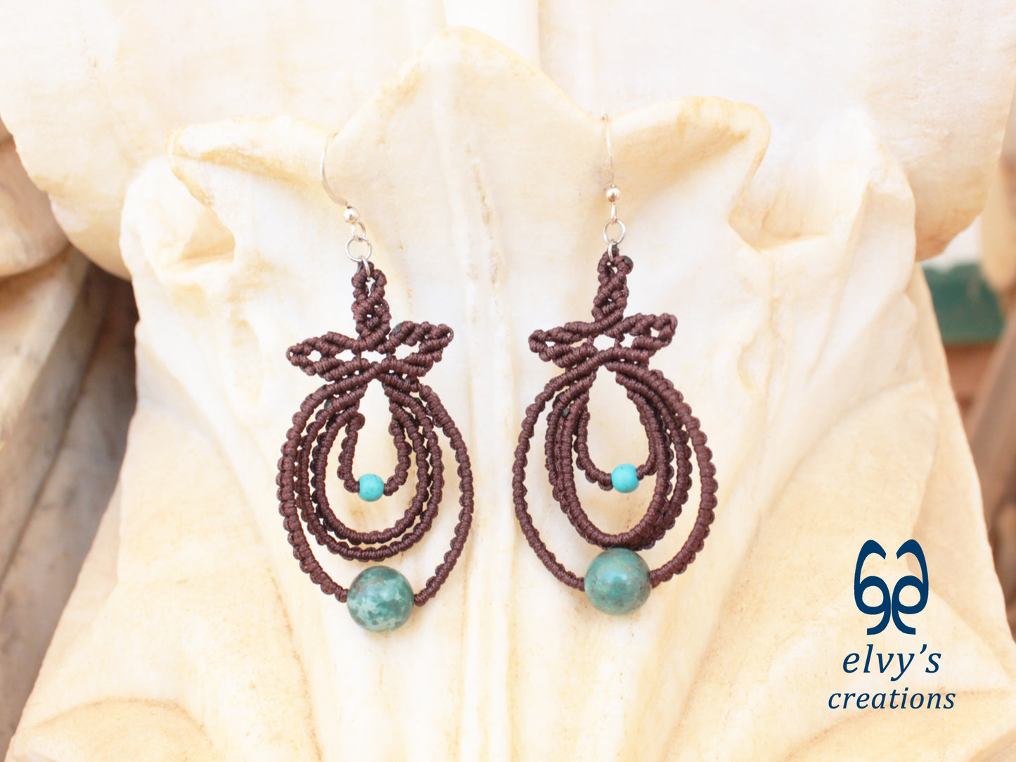 Handmade Brown Boho Macrame Earrings Silver Dangle with Turquoise Gemstones