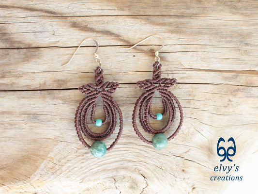 Handmade Brown Boho Macrame Earrings Silver Dangle with Turquoise Gemstones
