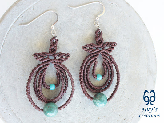 Handmade Brown Boho Macrame Earrings Silver Dangle with Turquoise Gemstones