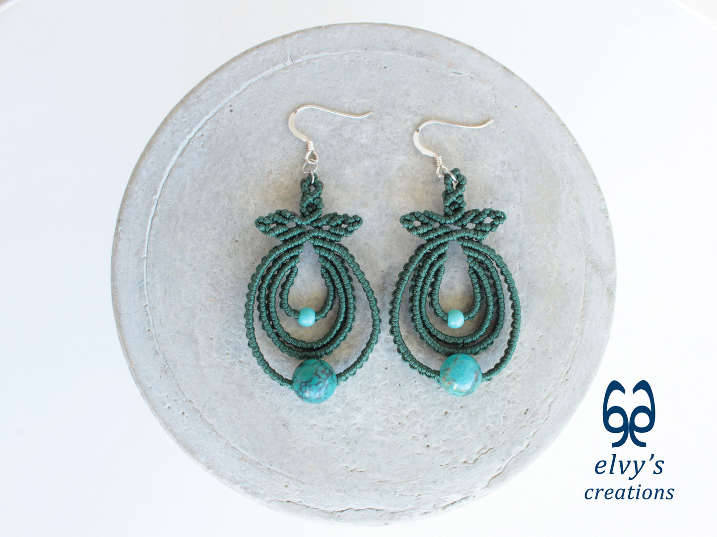 Handmade Green Boho Macrame Earrings Silver Dangle with Turquoise Gemstones