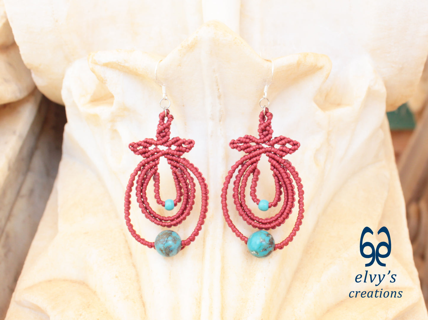 Handmade Dark Red Boho Macrame Earrings Silver Dangle with Turquoise Gemstones