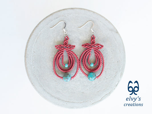Handmade Dark Red Boho Macrame Earrings Silver Dangle with Turquoise Gemstones