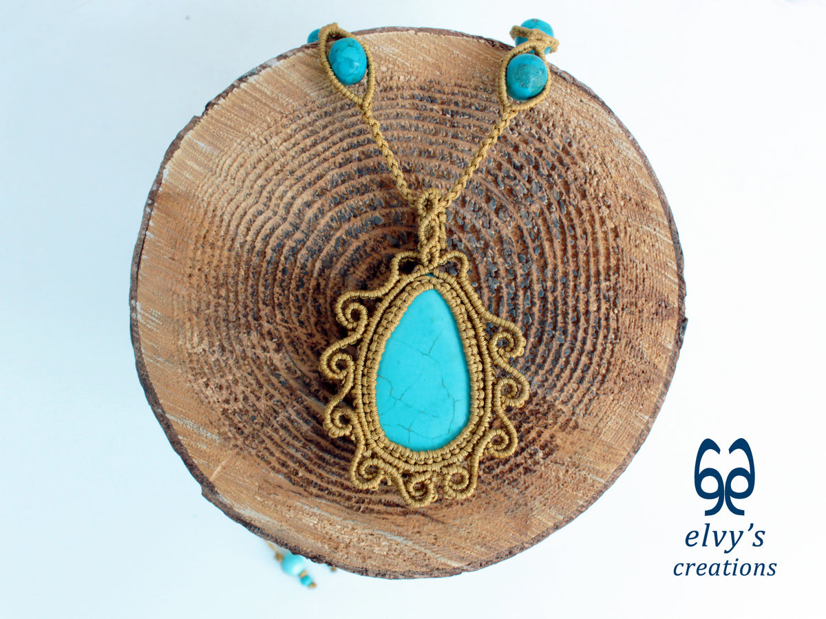 Handmade Gold Macrame Necklace with Turquoise Gemstones