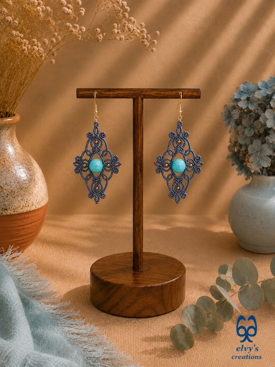 Grey Macrame Earrings with Turquoise Gemstones Dangle Gold Hematite Earrings